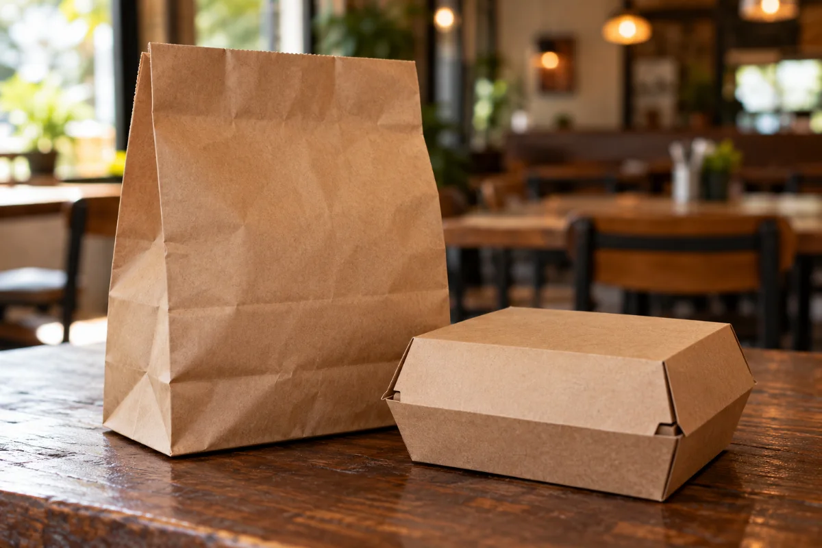 Sac et boîte en papier kraft, illustration de la vente à emporter